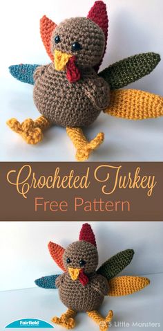 two crocheted turkeys are shown with the words, free pattern on them