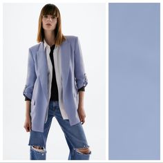 Nwt. Zara Light Blue Loose-Fitting Blazer With A Lapel Collar, Long Adjustable Sleeves With Buttoned Sleeve Tabs And Front Flap Pockets. Size Xs. Ref. 8215/481. Pit To Pit 20" Flat, Shoulders 15", Sleeves 15", Length 30". Jac Trendy Blue Long Sleeve Blazer, Trendy Blue Formal Outerwear, Spring Light Blue Workwear Blazer, Light Blue Spring Blazer For Work, Casual Light Blue Office Outerwear, Blue Zara Blazer With Pockets, Zara Blue Blazer With Pockets, Chic Tailored Light Blue Blazer, Trendy Blue Single-breasted Blazer