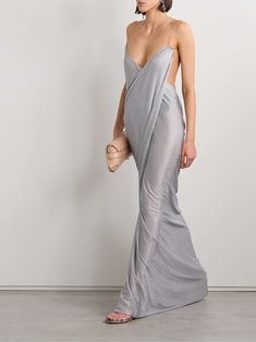 MAGDA BUTRYM Open-back draped metallic jersey maxi dress Magda Butrym Dresses, Prada Dresses, Structural Fashion, Gown Ideas, Wet Dress, Desert Chic, Wedding Party Outfits, Jersey Maxi Dress, Magda Butrym