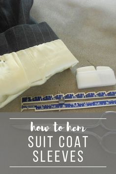 how to hem the suit coat sleeves with sewing scissors and fabric strips on carpeted area