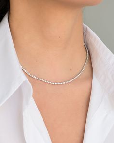 Beautifully handcrafted, classic and timeless 4 prong setting tennis necklace. Available as a 14" choker length up to 20" long in 14k yellow, white and rose gold. Features approximately 4ct. total weight of diamonds. Diamond Color: G-H Diamond Quality: VS Diamond Carat Weight: 16" Approx. 4 ctw/ 0.02 ct per stone Natural white diamond, conflict free, not lab created Standard Production: 2-3 weeks Rush Order Production: 10-15 business days Shipping: Select shipping method at checkout. 2-Day Shipp Classic Brilliant Cut Diamond Tennis Necklace, Timeless Tennis Necklace With Diamond Accents In Diamond White, Classic Tennis Necklace With Diamond Accents As A Gift, Classic Tennis Necklace In Diamond White With Brilliant Cut, Classic Diamond Tennis Necklace As Gift, Dazzling Diamond White Tennis Necklace With Diamond Cut, Diamond White Brilliant Cut Tennis Necklace, Classic White Gold Tennis Necklace With Single Cut Diamonds, Classic Diamond White Tennis Necklace With Brilliant Cut