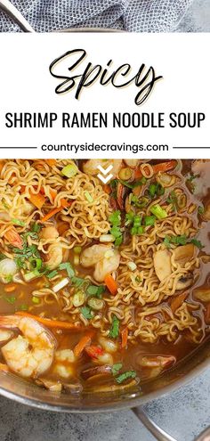 shrimp ramen noodle soup in a pan with chopsticks on the side