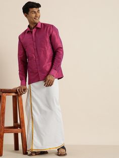 Vastramay Men's Purple Silk Blend Shirt And Mundu Set Traditional Festive Shirt For Formal Occasions, Semi-formal Traditional Wear With Long Sleeves For Festivals, Semi-formal Long Sleeve Traditional Wear For Festivals, Traditional Long Sleeve Wedding Shirt, Full Sleeve Top, Golden Border, Summer Graphic Tee, Purple Silk, Elegant Shirt