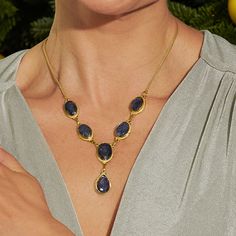 Ross-Simons - 55.00ct t. w. Sapphire Y-Necklace in 18kt Gold Over Sterling. 18". An RS exclusive. Here's a big look for a small price! Our stylish Y-necklace presents six sizable sapphires in a striking arrangement totaling 55.00 carats. Crafted in polished 18kt yellow gold over sterling silver and stationed on a chic foxtail-link chain with a 2" extender. Lobster clasp, sapphire Y-necklace. Sapphire birthstones are the perfect gift for September birthdays. Necklace Sapphire, Sapphire Birthstone, Fine Jewelery, Link Chain, Lobster Clasp, Sapphire, Yellow Gold, Perfect Gift, Sterling Silver