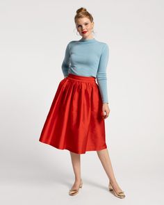 Barbara Gathered Midi Skirt Red – Frances Valentine Classic Stretch Skirt For Fall, Red Full Skirt Bottoms For Fall, Red Polka Dot Skirt, Frances Valentine, Christmas Skirt, Cocoon Coat, Polka Dot Skirt, White Button Down, Red Polka Dot