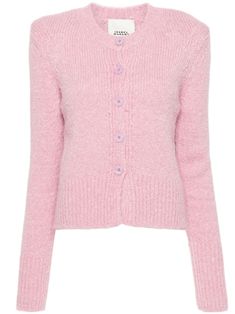 light pink alpaca-cotton blend knitted construction crew neck front button fastening shoulder pads long sleeves ribbed cuffs and hem Spring Pink Cardigan With Ribbed Cuffs, Classic Fitted Pink Cardigan, Fitted Classic Pink Cardigan, Pink Fitted Soft Knit Cardigan, Classic Pink Fine Knit Sweater, Classic Fine Knit Pink Sweater, Pink Fitted Classic Sweater, Fitted Soft Knit Pink Outerwear, Classic Pink Knit Sweater