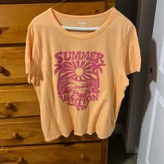 “Summer Vacation Crew” Orange And Pink Short Sleeve Shirt Fits Smaller Than An Xl Never Worn But Missing Tags Pink T-shirt For Spring Day Out, Pink Short Sleeve T-shirt For Day Out, Pink Summer T-shirt For Day Out, Pink Cotton T-shirt For Summer, Relaxed Fit Tops For Summer, Trendy Tops For Summer Outings, Short Sleeve Tops For Spring Summer Outings, Pink Letter Print T-shirt For Day Out, Summer Short Sleeve Tops For Summer Outings