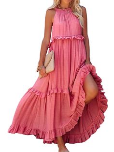 Embrace effortless elegance with our Ruffled Sleeveless Tiered Maxi Dress with Pockets. Featuring charming ruffles and a tiered design, this dress offers a flowy, romantic silhouette. The added pockets combine practicality with style, making it perfect for both casual and special occasions. Cute Dresses Long, Casual Midi Dresses, Dress For Vacation, Beach Dresses Casual, Beach Long Dress, Sleeveless Skirt, Dress Cake, Halter Maxi Dress, Camisole Dress