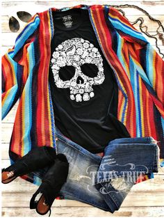 Texas True Threads Sugar Skull Tee, Black Who could resist a great quality tee? Texas True Threads designs one of a kind prints with direct to garment printing. All tees are Bella Canvas, light weight, stretchy and so comfortable. Our customers are raving about the quality over other tees. Spooky Graphic Tees, Coffee Graphic Tee, Skull Tee, Skull Graphic, Cute Lazy Outfits, Lazy Outfits, Girls Boutique, Screen Printing Designs, La Fashion