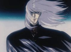 an anime character with white hair and black clothes