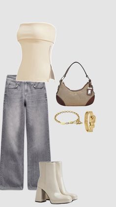 a woman's outfit with high heels, jeans and a handbag is shown