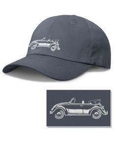 a gray hat with an image of a car on the front and side, next to it