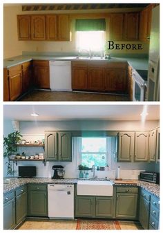 before and after pictures of a kitchen remodel with green cabinets, white appliances, and wood flooring