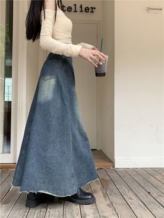 High Rise Frayed Denim Maxi A Size S M L Total Length Waist Hips 90 64 96 91 68 100 92 72 104 measurement is cm.Product Information Material: 100% Cotton Color: Blue Maxi Denim Skirt Outfit, Denim Skirt Outfits, Denim Maxi, Frayed Denim, Denim Maxi Skirt, Trendy Fashion Women, British Indian, Skirt Outfits, Ethiopia