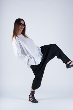 Harem Pant, Black Cotton Harem Pants, Drop Crotch Summer Pants, Casual dress, Loose Harem Pants, Maxi Trousers Black cotton harem pants with button, zipper, mid waist and 2 side pockets. You buy only pants Available Size: XS, S, M, L, XL, 2XL,3XL,4XL, 5XL, 6XL, 7XL, 8XL Made of : Cotton The model wears size M - 5,6' / 170 cm CARE Machine Wash 30oC Hand Wash with warm water Medium hot iron Cotton Harem Pants, Black Harem Pants, Harem Pant, Harem Pants Women, Urban Fashion Women, White Linen Dresses, Summer Pants, Pants Casual, Loose Blouse