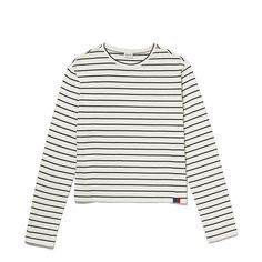 The Venice - Cream/Navy Pinstripe Relaxed Fit Crew Neck Top With Signature Stripes, Casual Signature Stripes Tops For Spring, Sporty Top With Striped Collar And Crew Neck, Sporty Tops With Striped Hem And Relaxed Fit, Sporty Crew Neck Top With Striped Collar, Sporty Relaxed Fit Top With Striped Hem, Casual Crew Neck Tops With Signature Stripes, Sporty Long Sleeve Tops With Signature Stripes, Sporty Striped Crew Neck Top