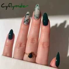 24pcs Long Almond False Nails French Rose Cat Eye Dark Green Swoosh Stars Press on Nails Fake Nails DIY Manicure Detachable SPECIFICATIONS Number of Pieces: 24pcs Material: ABS Occasion: party Brand new and high quality.Item Material: ABSStyle: FrenchColor: as showEasy To UseSuitable for use with gel, acrylic or fiberg Dark Green Nails, Green Nail Designs, Casual Nails, Color Nails, Nagel Inspo, Birthday Nails, Nails Coffin, Foot Care, Nails Inspo