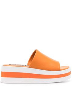 tangerine orange/white calf leather leather strap two-tone detail branded insole platform sole slip-on style Slip-on Sandals With Contrast Sole For Spring, Summer Slip-on Sandals With Contrast Sole, Spring Slip-on Sandals With Contrast Sole, Orange Sandals With Rubber Sole For Spring, Modern Sandals With Contrast Sole For Summer, Spring Orange Sandals With Rubber Sole, Leather Sandals With Contrast Sole For Summer, Orange Leather Platform Wedge Sandals, Orange Leather Wedge Heel Sandals