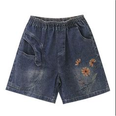 Details: Gender: Women Item Type: Shorts Material: Denim Season: Summer Pattern: Embroidery Style: Casual, Loose, Retro Waist Type: Elastic Waist Size: M Waist: 66.00 - 86.00 cm/ 25.98 - 33.86 " Length: 42.00 cm/ 16.54 " Hip: 102.00 cm/ 40.16 " Thigh: 60.00 cm/ 23.62 " Size: L Waist: 70.00 - 90.00 cm/ 27.56 - 35.43 " Length: 43.00 cm/ 16.93 " Hip: 104.00 cm/ 40.94 " Thigh: 62.00 cm/ 24.41 " Size: XL Waist: 74.00 - 94.00 cm/ 29.13 - 37.01 " Length: 43.00 cm/ 16.93 " Hip: 106.00 cm/ 41.73 " Thigh: Embroidered Denim Blue Casual Bottoms, Casual Embroidered Denim Blue Bottoms, Casual Denim Blue Bottoms With Floral Embroidery, Casual Embroidered Dark Wash Bottoms, Casual Dark Wash Embroidered Bottoms, Denim Blue Cotton Bottoms With Floral Embroidery, Denim Blue Floral Embroidered Cotton Bottoms, High-waist Denim Blue Bottoms With Floral Embroidery, High Waist Denim Blue Bottoms With Floral Embroidery