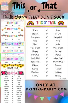 Add fun to any party with a choice of This or That printable game! Prints 2 per page on regular paper. Always instant download. Only at Print-A-Party.com Teen Birthday Party Games, This Or That Game, Chloe Elizabeth, Sleepover Party Games, Birthday 11, Birthday Planner, Unique Party Themes, Scavenger Hunt Birthday, Birthday Plans