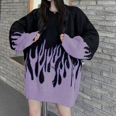 Shipping: Worldwide Express Shipping AvailableDelivery time: 7-15Days Fast ShippingReturns: Fast refund, 100% Money Back Guarantee. Gothic Streetwear, Classy Business Outfits, Smart Casual Work Outfit, Oversized Pullover Sweaters, Women Long Cardigan, Sweater Ideas, Cozy Outfits, Purple Fire, Blue Flame