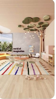 the interior of a modern living room with colorful rugs and tables in front of large windows