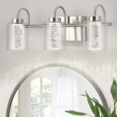 a bathroom vanity with three lights and a potted plant in front of the mirror