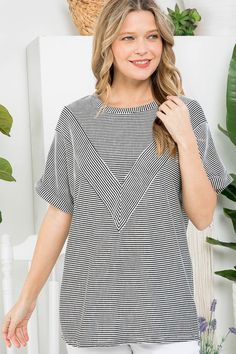 - Plus two tone slub rib stripe basic tunic top- Pullover short sleeves round neck- Diagonal detail v line on front- Loose fit- Solid rib jersey- 1X/2X/3X 2-2-2- 56% RAYON, 42% POLYESTER, 2% SPANDEX- MADE IN USA Style: Casual Print / Pattern: Stripe rib Fit: Loose fit Embellishment: V line on front Neck Line: round neck Sleeve: Short sleeves Lining: No Made In: Made In U.S.AFabric Contents: 56% RAYON, 42% POLYESTER, 2% SPANDEXNon-sheer fabricCare Instructions: Machine wash cold, Do not bleachSize Measurement (inch): 1X: 44.0-46.0 (Bust), null (Waist), null (Hips), null (Length) 2X: 46.0-48.0 (Bust), null (Waist), null (Hips), null (Length) 3X: 48.0-50.0 (Bust), null (Waist), null (Hips), null (Length) Striped Ribbed Short Sleeve Tops, Striped Ribbed Top With Relaxed Fit, Casual Short Sleeve Tops With Striped Hem, Summer Striped Tops With Ribbed Neckline, Striped Summer Tops With Ribbed Neckline, Striped Short Sleeve Knit Top For Spring, Spring Striped Short Sleeve Knit Top, Striped Ribbed Crew Neck T-shirt, Spring Tops With Striped Short Sleeves