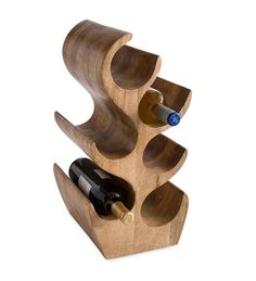 a wooden wine rack with two bottles in it