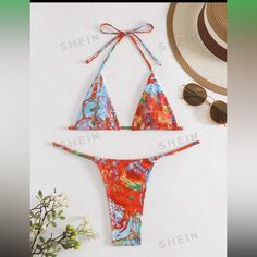 Shein Shein Swim Sxy Allover Print Halter Triangle Bikini Swimsuit Size Xl New Without Tag #167tt) Multicolor Backless Swimwear For Beach Party, Orange Halter Neck Swimwear For Sunbathing, Orange Backless Swimwear For Pool, Orange Stretch Backless Swimwear, Orange Backless Swimwear For Beachwear, Orange Backless Swimwear For Beach Season, Orange Backless Beachwear Swimwear, Trendy Orange Swimwear For Pool, Summer Orange Halter Neck Swimwear