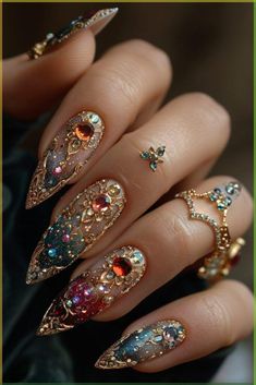 Check for Ideas on Spring Nails with Square Shape and Colorful Design! Spring 2021 Beautiful Nail Art Designs and Tips for Your Short Nails! Nail Ideas Rhinestones, Nail Rhinestone Design Ideas, Gold Rhinestone Nails, Rhinestones On Nails, Jewelled Nails, Nail Art Jewels, Cherry Blossom Nails Art, Royal Nails