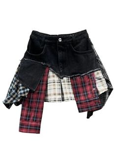 Streetwear Patchwork Plaid Denim Mini Skirt - SHExFAB Mini Skirt Summer, Patchwork Denim Skirt, Womens Denim Skirts, Skirts Denim, Popular Outfits, Denim Short, Plaid Skirt, Plaid Skirts, Denim Mini