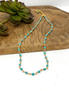 Handmade item * Materials * ----------------- 4mm Turquoise Magnesite Faceted Beads Gold Plated Findings * Dimensions * -------------------- Total Length: 16" plus a 2" extender chain - if you need a different size, please send me a message. * Details * ------------- This simple necklace is crafted using turquoise magnesite beads wire wrapped together. It closes with a gold plated lobster claw clasp and includes a 2" gold plated extender chain making the necklace adjustable from 16"-18".  Keep u Gold Beaded Necklace, Chain Making, Turquoise And Gold, Turquoise Bead Necklaces, Wrapped Necklace, Gold Bead Necklace, Wire Wrapped Necklace, Bleu Turquoise, Beads And Wire