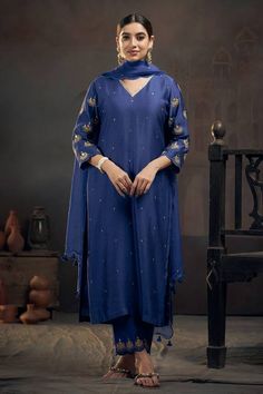 Blue kurta with sequins, chaand motif embroidery. Comes with embroidered pant and scalloped dupatta. - Aza Fashions Indigo Straight Kurta Salwar Kameez For Festive Occasions, Festive Indigo Salwar Kameez With Straight Kurta, Unstitched Royal Blue Traditional Wear For Eid, Unstitched Indigo Traditional Wear For Festive Occasions, Blue Unstitched Suit With Resham Embroidery For Navratri, Blue Slub Silk Sets For Festive Occasions, Festive Indigo Dupatta With Zari Work, Festive Indigo Traditional Wear With Cutdana, Festive Indigo Dupatta For Wedding