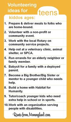 a yellow poster with the words volunteering ideas for kids ages