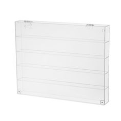 a clear plastic shelf with four shelves on the bottom and one in the middle, against a white background