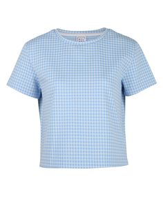 DETAILS: Blue Gingham check short sleeve top 97% polyamide, 3% elastane Machine wash SIZE & FIT: Fits true to size Length: 19 1/8" Bust: 18 3/8" Bottom: 19 3/8" Model is 175cm/ 5'9" and is wearing a size Small Gingham Cotton Short Sleeve Tops, Short Sleeve Gingham Tops For Spring, Plaid Short Sleeve Tops For Work, Spring Gingham Short Sleeve Tops, Summer Plaid Crew Neck Top, Plaid Crew Neck Top For Summer, Blue Gingham, Gingham Check, Short Sleeve Top