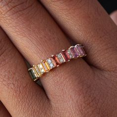 14k Yellow Gold Baguette Rainbow Sapphire & Natural Diamond Band Ring With Prong Set Delicate Band , Fine a Best Wedding Band , Handmade Jewelry Also available in Yellow Gold, Rose Gold and white Gold. Product info: 14k solid gold ★Details ★ SKU Code : 1843 ★Purity : Solid 14k Gold ( Also available in 9k & 18k Solid Gold) ★Metal : Yellow Gold ( Also available in Rose Gold & White Gold) ★Gemstone : 100 % Genuine Sapphire ,Amethyst ( Also available in Other Gemstone) ★Stone Shape : Baguette ( Also Colourful Wedding Band, Multi-stone Diamond Baguette Cut Jewelry, Fine Jewelry Baguette-cut Multi-stone Diamond Ring, Multi-stone Baguette Cut Fine Jewelry, Fine Jewelry Multi-stone Baguette Cut, 14k Gold Multi-stone Eternity Band For Anniversary, Anniversary Eternity Band With Baguette Cut Gemstone, Multi-stone 14k Gold Eternity Band For Anniversary, Yellow Gold Diamond Multi-stone Eternity Band