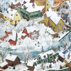 a painting of a snowy village with houses and birds