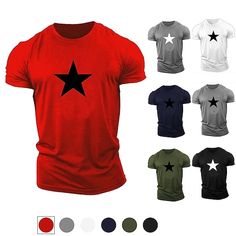 Category:T-shirt; Season:Summer; Fabric:100% Cotton; Sleeve Length:Short Sleeve; Look After Me:Machine wash,Washable; Gender:Men's; Style:Lightweight,Comfortable; Elasticity:Micro-elastic; Tops Type:Classic Style,Casual Style,Cool Shirt,T Shirt,Tee Top; Occasion:Casual,Sports; Fit Type:Regular Fit; Pattern:Graphic,Star; Design:Print; Neckline:Crew Neck; Brand:Ador; Front page:FF; Bust:; Length:; Shoulder Width:null; Print Type:Print; Sleeve Length:null Basic Summer Sports T-shirt, Summer Crew Neck T-shirt With Star Print, Casual Red Tops With Star Print, Casual Short Sleeve Shirt With Star Print, Casual Red Top With Star Print, Casual Red Star Print Tops, Casual Star Print Short Sleeve Shirt, Cotton Shirt With Star Print For Summer, Red Short Sleeve Top With Star Print