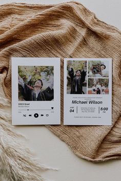 two polaroid photos are placed next to each other on top of a brown blanket