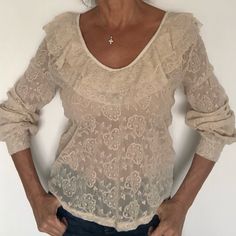 Tensione Beige Lace Blouse, Made In Italy, Size M. Very Chic, I’m A Size S, So Is Big For Me, See Pics. Measurements Are: Length Is 23”, Sleeve Is 24”, Armpit To Armpit Is 19”. Has Button Down On The Back. Ruffles Around The Neck Line. Is See Through. Sleeveless High Neck Blouse, Teal Tank Top, Bow Tie Blouse, Beige Blouse, Brown Blouse, Eyelet Blouse, High Neck Blouse, Dressy Blouse, Dyed Linen