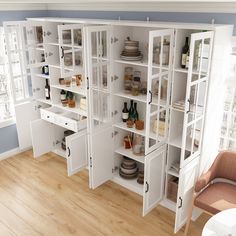 an open white cabinet with many bottles on it