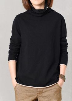 Women Wild Knitted Pullover Loose Fitting Black Sweaters High Neck Black Knitted Sweater For Layering, Black Fine Knit Sweater For Fall, Black Funnel Neck Sweater For Layering, Black Knit Sweatshirt For Layering, Black Long Sleeve Fine Knit Sweater, Black Cozy Funnel Neck Top, Cozy Black Funnel Neck Top, Casual Black Sweater For Layering, Black Knitted Turtleneck Top