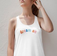 Dream On Retro Tank  |  Womens Graphic Tank Top, Boho Tanks, Vintage Inspired Hippie Tank, Yoga Tank Retro Racerback Tops For Spring, Retro Racerback Summer Top, Retro Racerback Top For Summer, Retro Fitted Racerback Tank Top, Retro Fitted Racerback Top, Fitted Retro Racerback Top, Retro Racerback Top, Retro Racerback Tank Top With Graphic Print, Yoga Tank Top