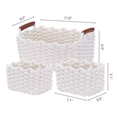 three white woven baskets with wooden handles on the sides and measurements for each basket in different sizes