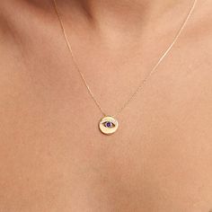 "Our 14k Solid Gold Sapphire Evil Eye Necklace is here for provide a shiny protection for you and your loved ones. Ward off the bad energy around you with an elegant look. F E A T U R E S * Made to Order. * Gold KT: 14K * Choice of Gold Color: Yellow Gold, Rose Gold, White Gold * Gem Stone: Genuine Diamond * Diamond-Cut: Round * Diamond Carat: 0.05 ct. * Sapphire Carat: 0.14 ct. * Pendant Height: 12 mm / 0.47 inch * Pendant Width: 12 mm / 0.47 inch * Diamond Color-Clarity: H Color, SI Clarity * Fine Jewelry Birthstone Necklace In Yellow Gold, 14k Gold Necklace With Round Birthstone Pendant, 14k Gold Round Pendant Necklace With Birthstone, 14k Yellow Gold Birthstone Necklace With Round Pendant, 14k Gold Round Pendant Birthstone Necklace, 14k Gold Fine Jewelry Birthstone Necklace With Round Pendant, Yellow Gold Plated Round Birthstone Necklace, 14k Gold Birthstone Necklace With Round Pendant, Yellow Gold Round Birthstone Necklace Gold Plated