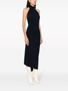 funnel-neck sleeveless ribbed-knit dress from FENDI featuring navy blue, stretch-wool, ribbed knit, ribbed-knit edge, high neck, sleeveless, fitted waistline, open back, central rear vent, asymmetric hem and mid-length.This piece fits true to size. We recommend you get your regular sizeModel is 1,75m / 5ft 8in wearing size 40 (IT) Fendi Dress, Mid Skirt, Knit Edge, High Neck Sleeveless, Ribbed Knit Dress, Knit Midi Dress, Blue Midi Dress, Emilio Pucci, Funnel Neck