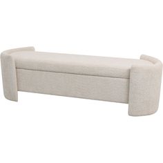 an upholstered white bench with curved legs