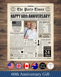 an old newspaper with the words happy 60th anniversary gift for him and her on it